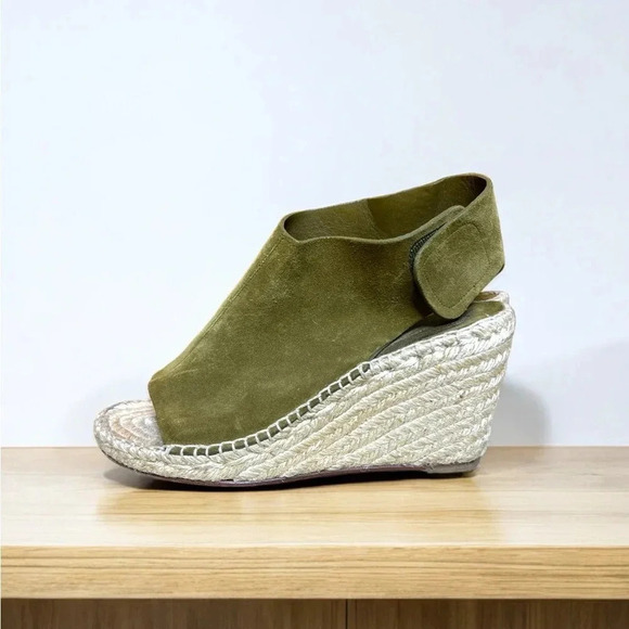 CELINE Paris Made In Spain Suede Olive Green Jute Open Toe Wedge Espadrilles - Picture 4 of 11
